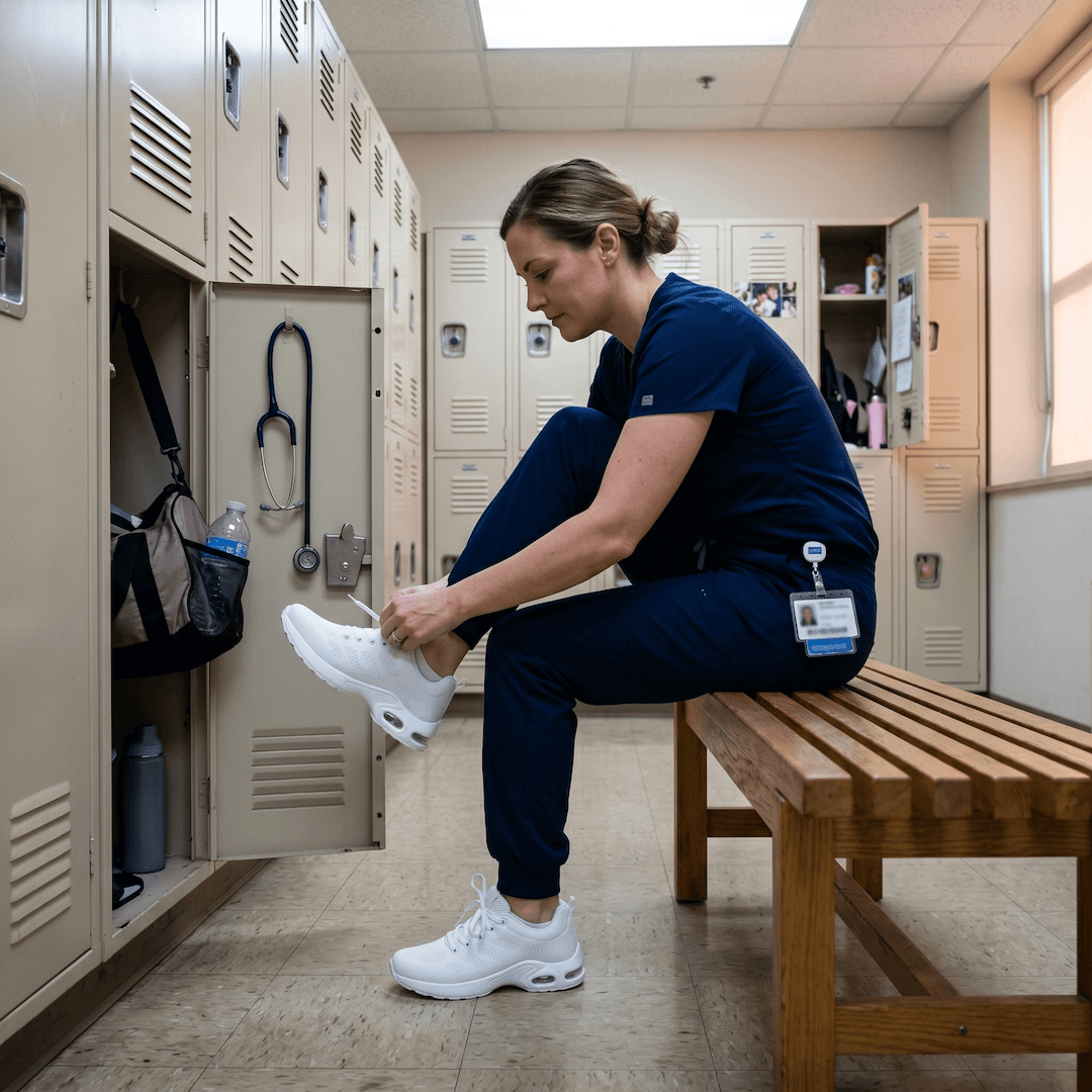 Nurse tying laces in a locker room pre-shift
